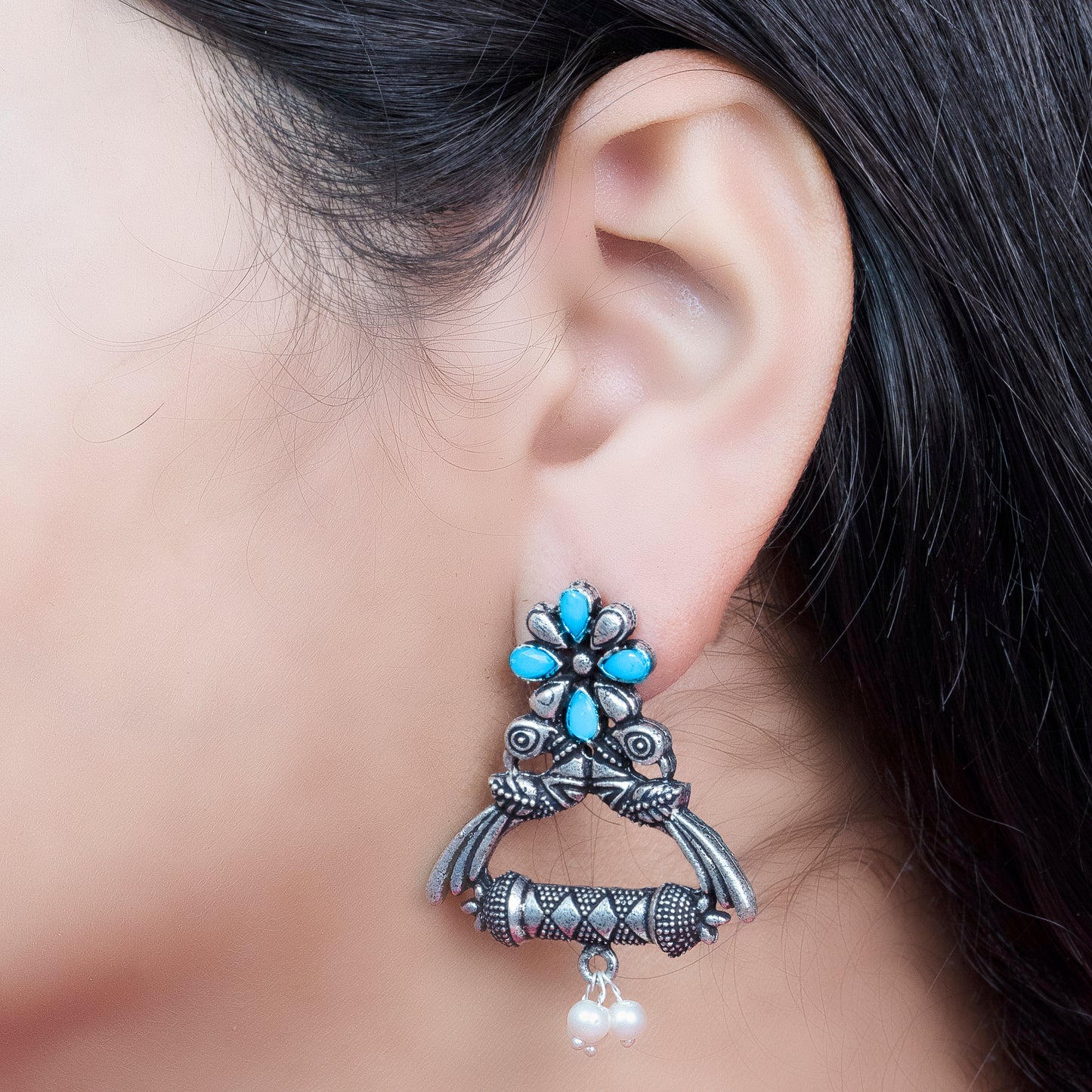 Mint Stone Studded Elegant Earrings With Hanging Baby Pearls