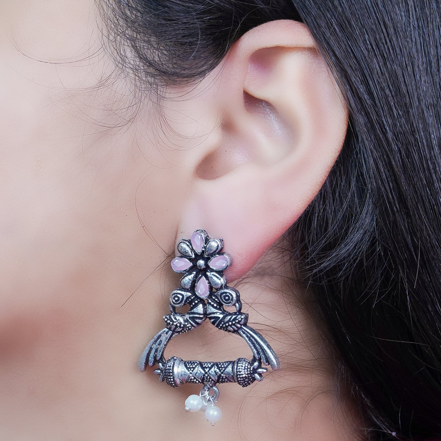 Baby Pink Stone Studded Elegant Earrings With Hanging Baby Pearls