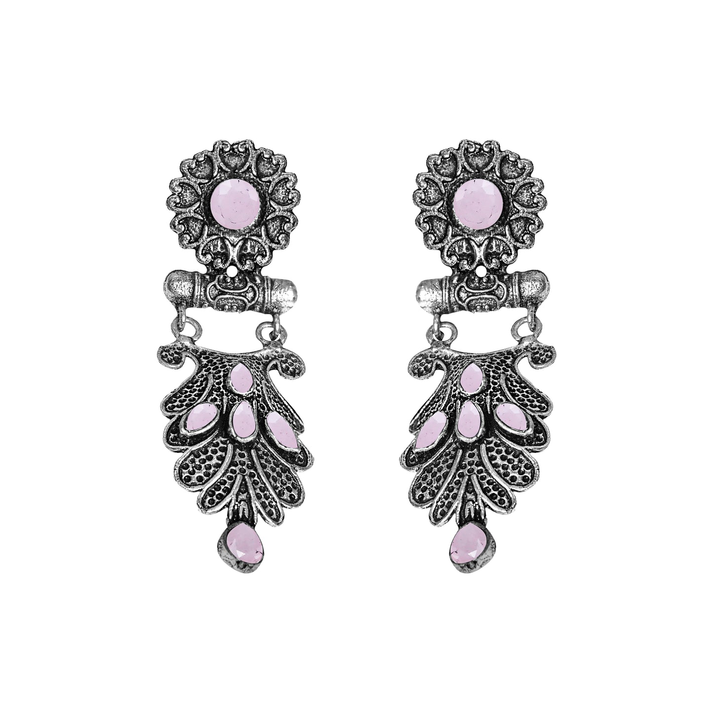 Baby Pink Stone Studded Rajwada Style Oxidised Earrings