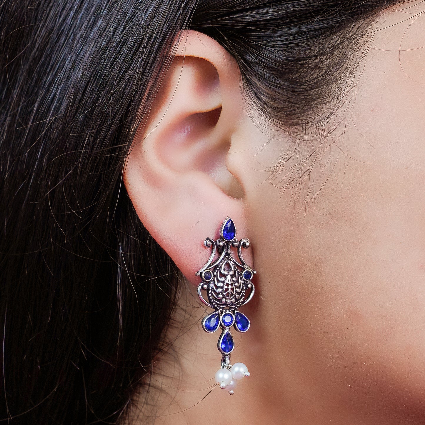 Blue Stone Studded Tiny Earrings With Hanging Pearls