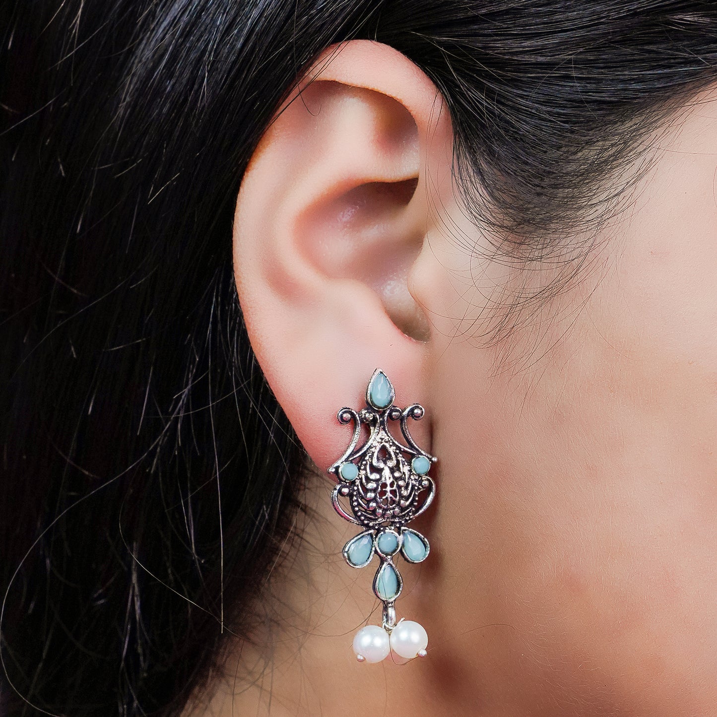 Mint Stone Studded Tiny Earrings With Hanging Pearls