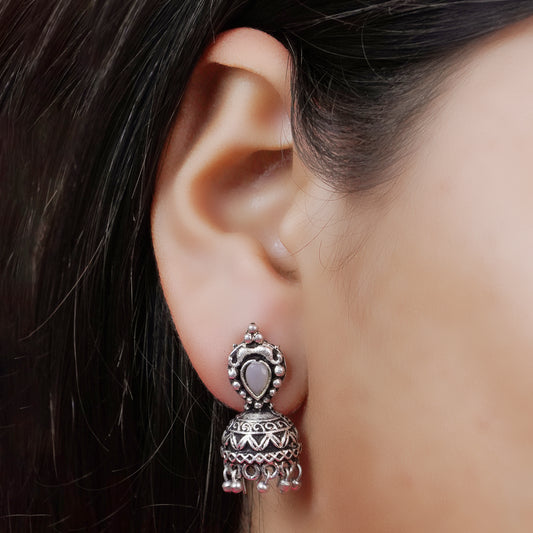 Jharokha stone studded jhumki earring (Grey)