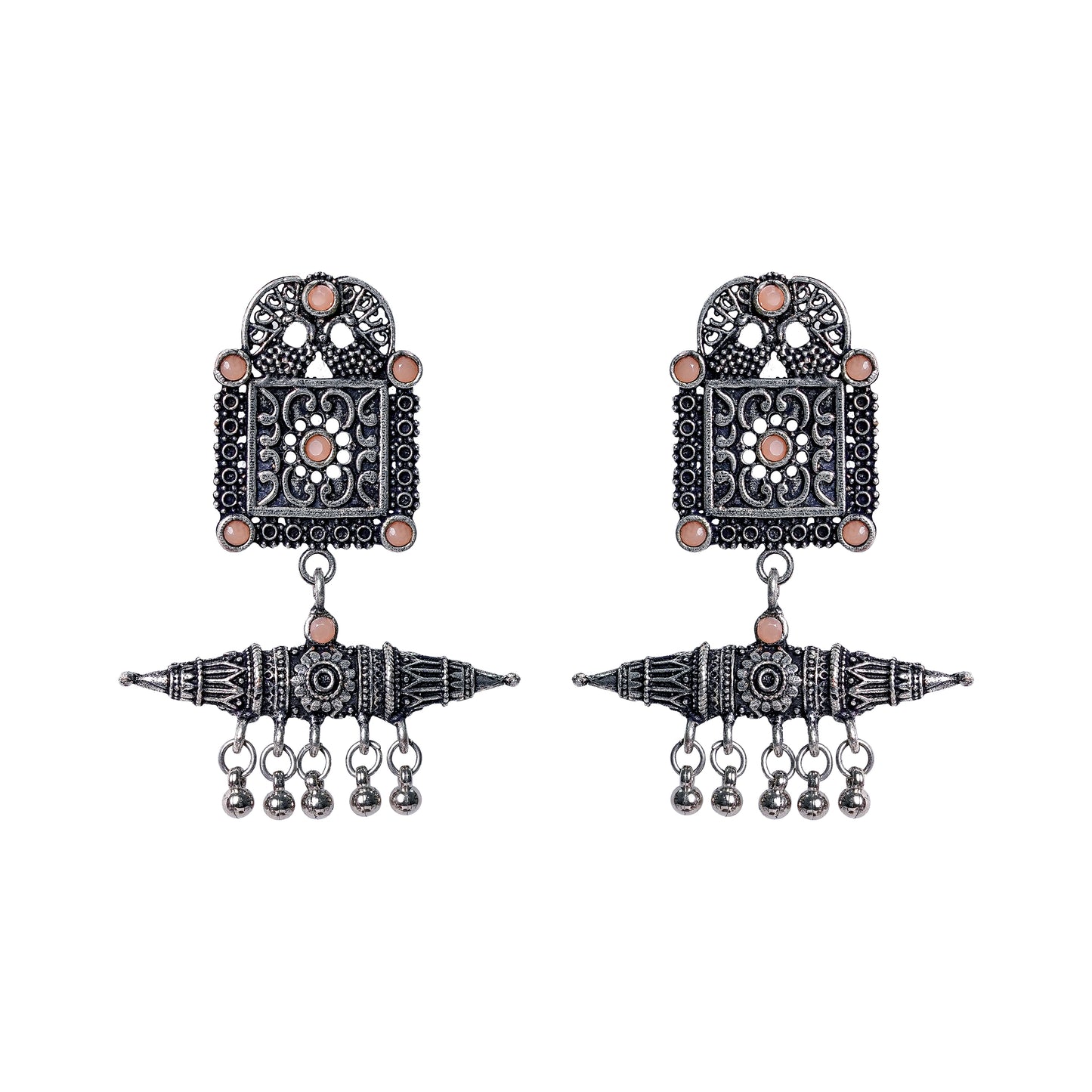 Light Orangish Stone Studded Oxidised Statement Earrings With Hanging Ghunghuroo