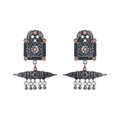 Light Orangish Stone Studded Oxidised Statement Earrings With Hanging Ghunghuroo