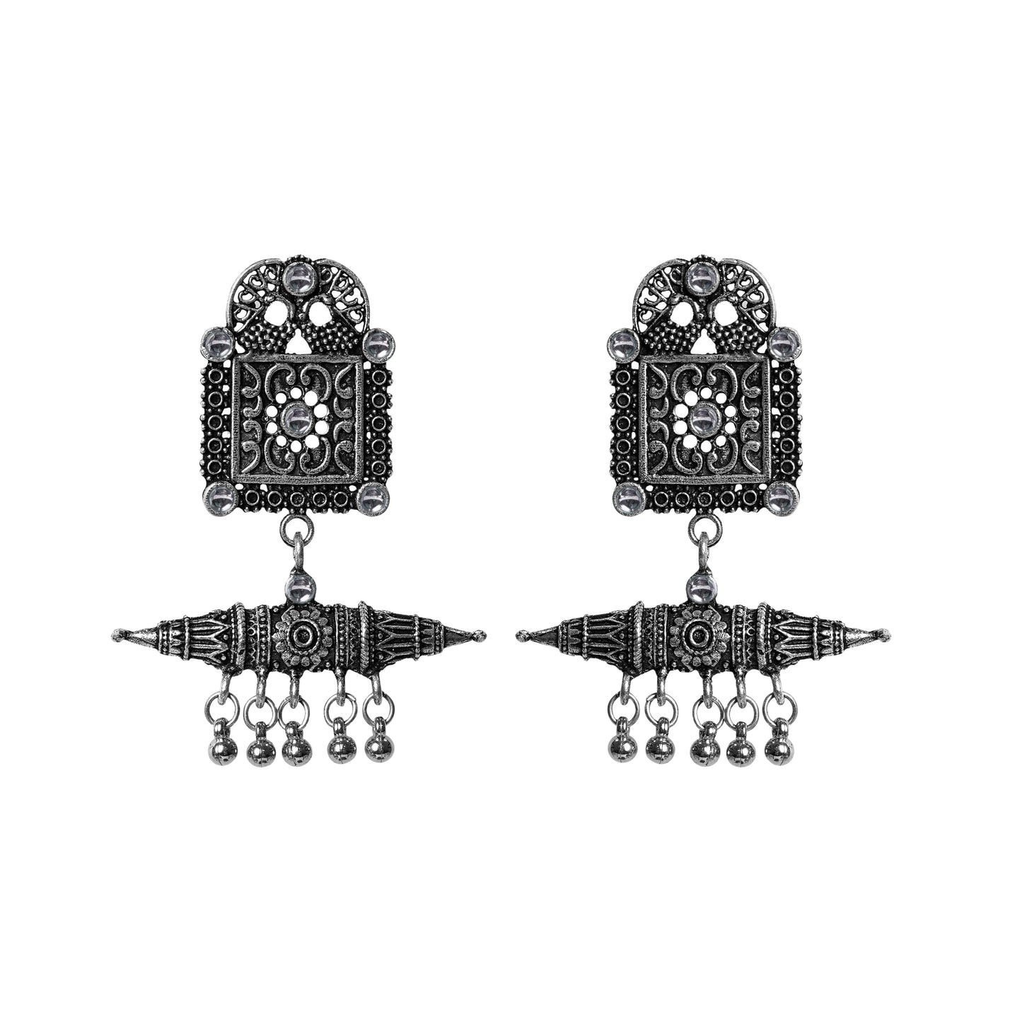 White Stone Studded Oxidised Statement Earrings With Hanging Ghunghuroo
