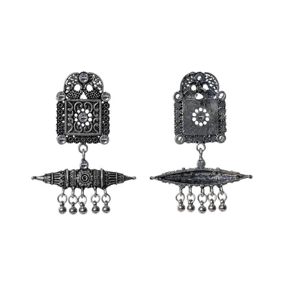 White Stone Studded Oxidised Statement Earrings With Hanging Ghunghuroo