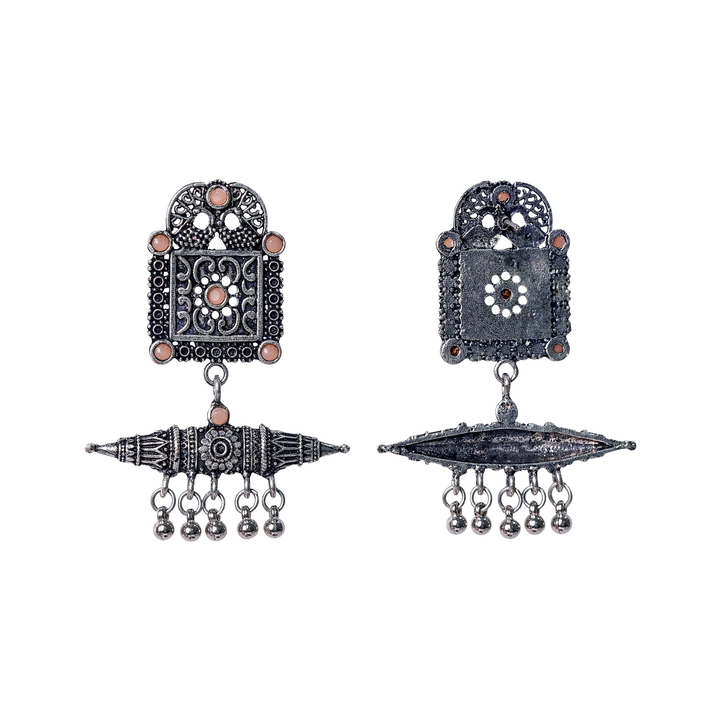 Light Orangish Stone Studded Oxidised Statement Earrings With Hanging Ghunghuroo