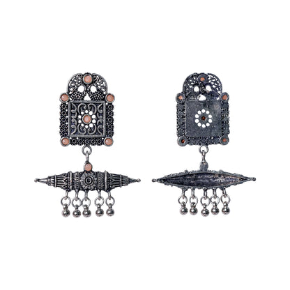 Light Orangish Stone Studded Oxidised Statement Earrings With Hanging Ghunghuroo