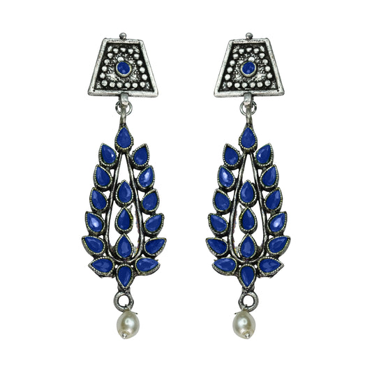 Blue Stone Studded Statement Earrings With Hanging Pearls