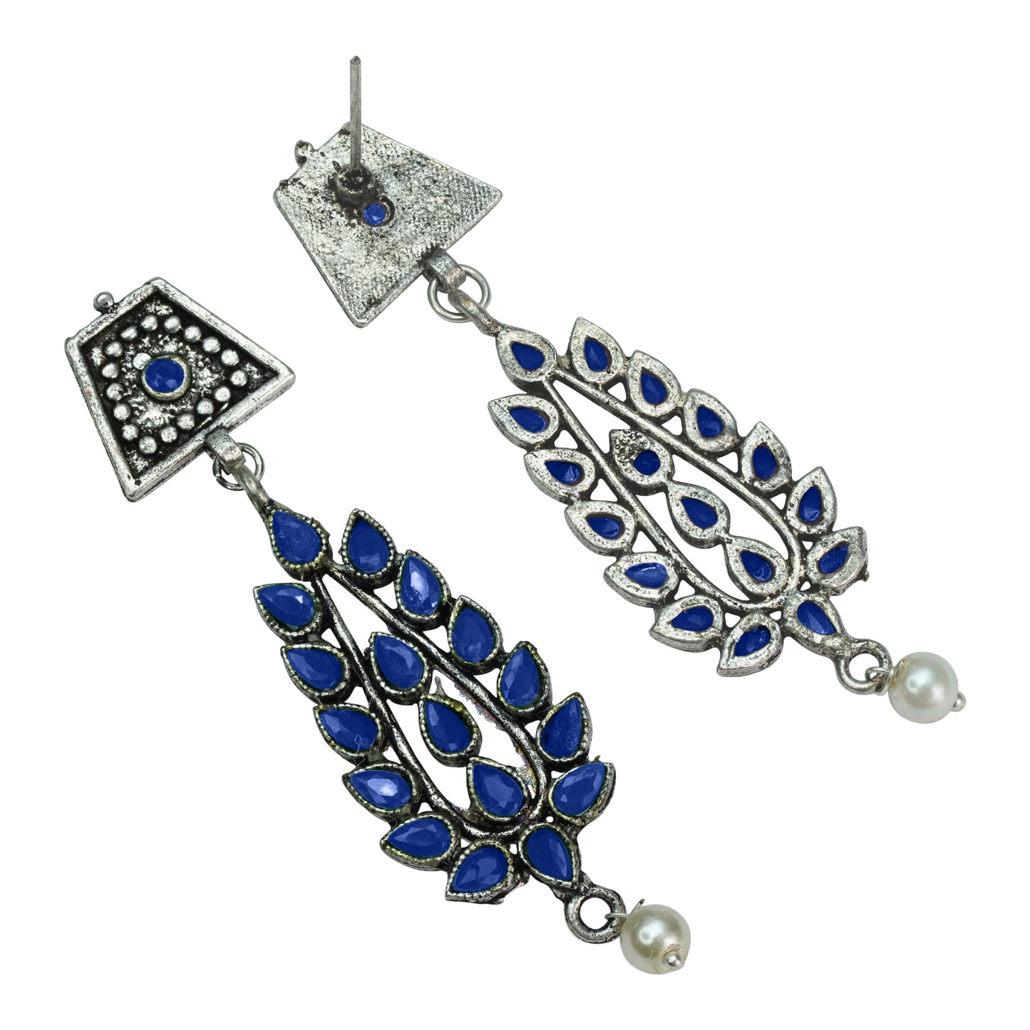 Blue Stone Studded Statement Earrings With Hanging Pearls