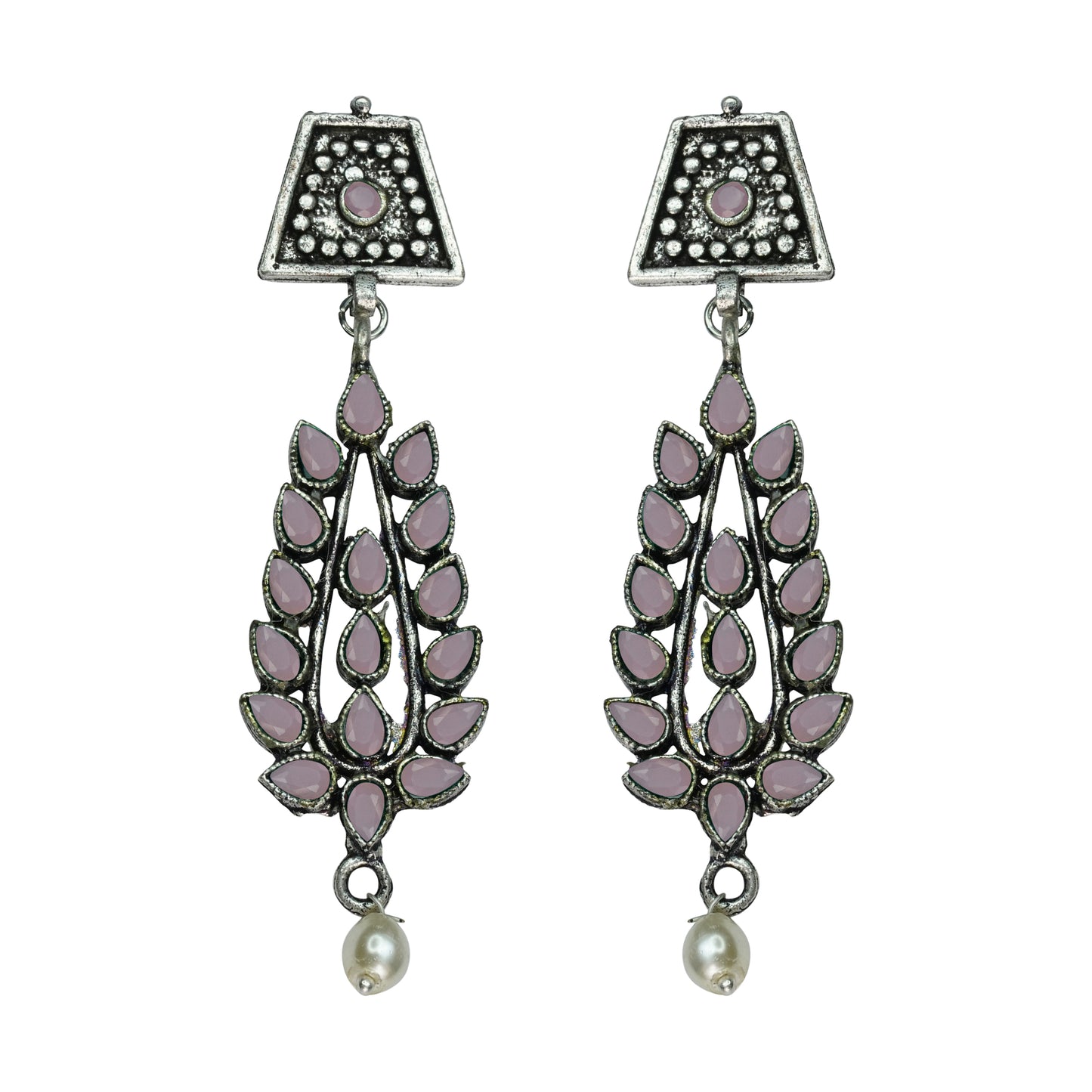 Baby Pink Stone Studded Statement Earrings With Hanging Pearls