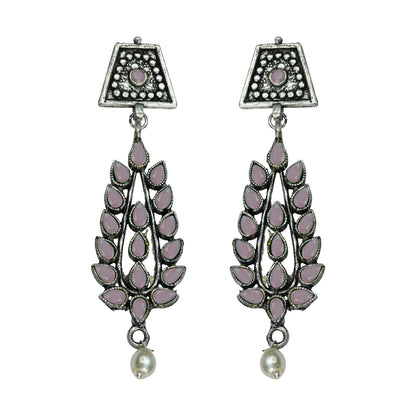 Baby Pink Stone Studded Statement Earrings With Hanging Pearls