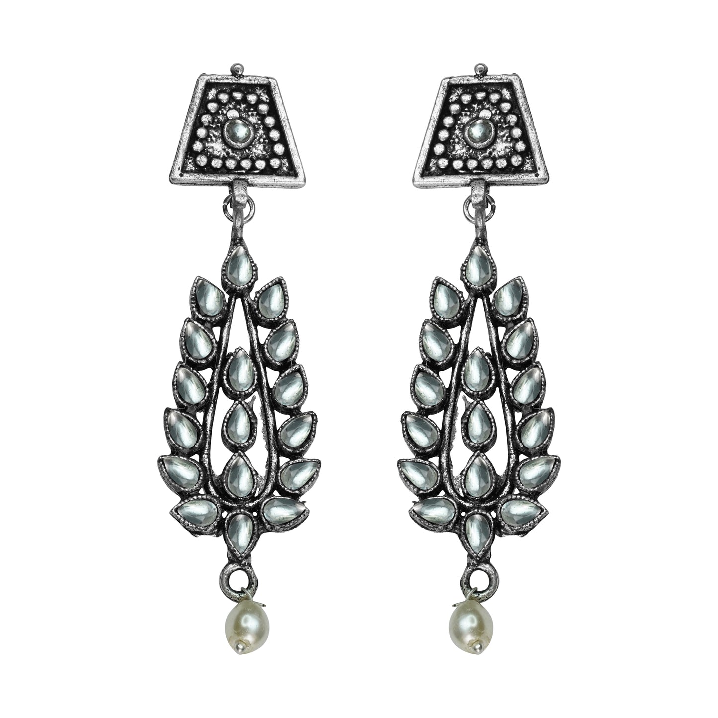 White Stone Studded Statement Earrings With Hanging Pearls