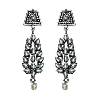 White Stone Studded Statement Earrings With Hanging Pearls