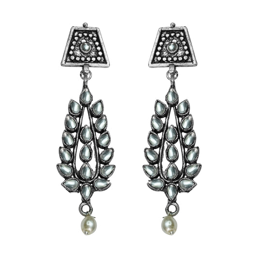 White Stone Studded Statement Earrings With Hanging Pearls