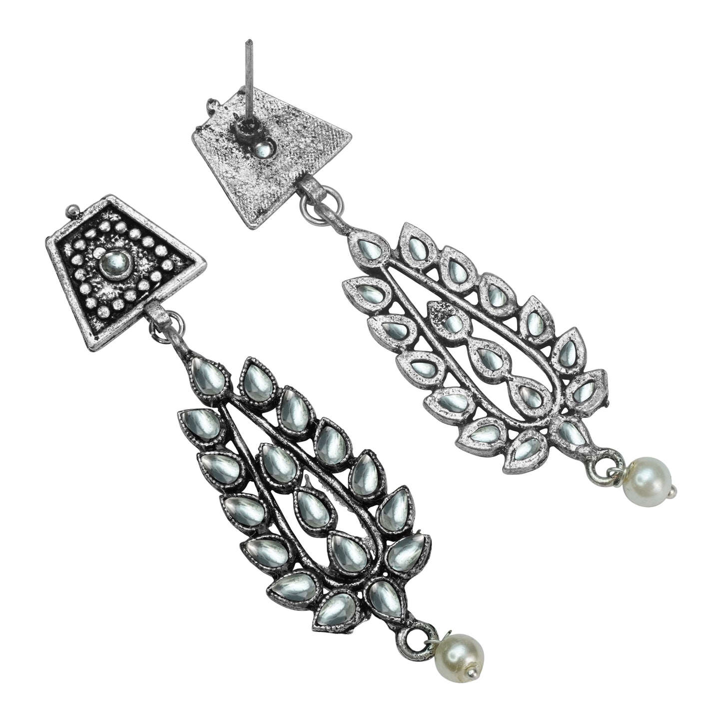 White Stone Studded Statement Earrings With Hanging Pearls