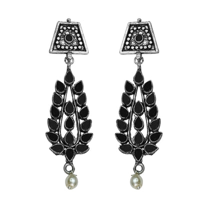 Black Stone Studded Statement Earrings With Hanging Pearls