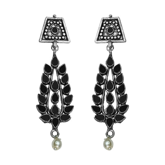Black Stone Studded Statement Earrings With Hanging Pearls