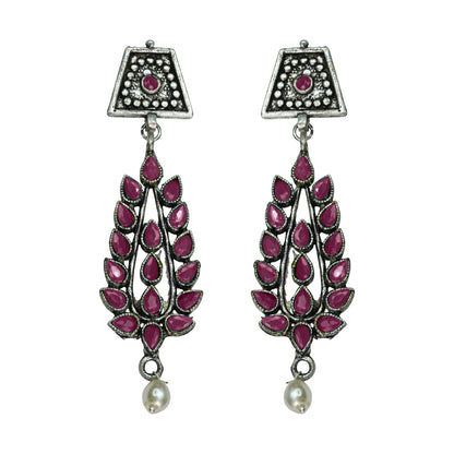 Red Stone Studded Statement Earrings With Hanging Pearls