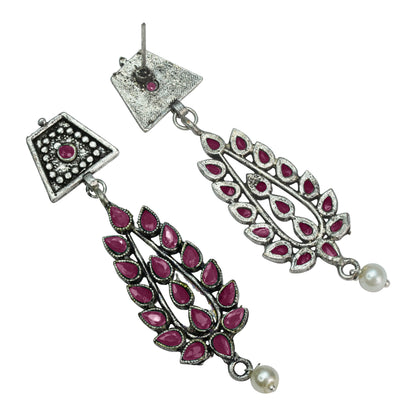 Red Stone Studded Statement Earrings With Hanging Pearls