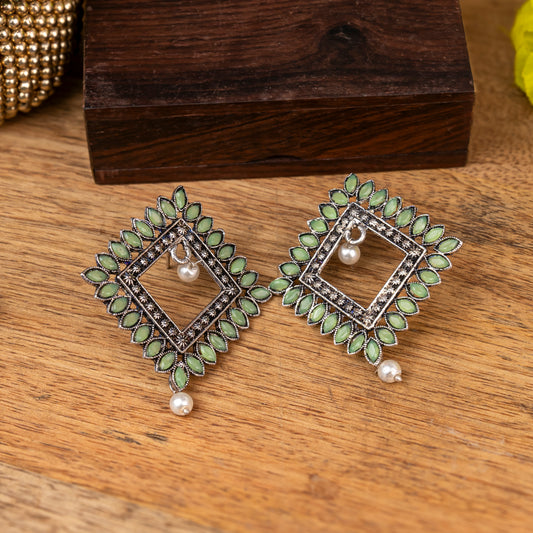 Pista Stone Studded Square German Silver Earrings