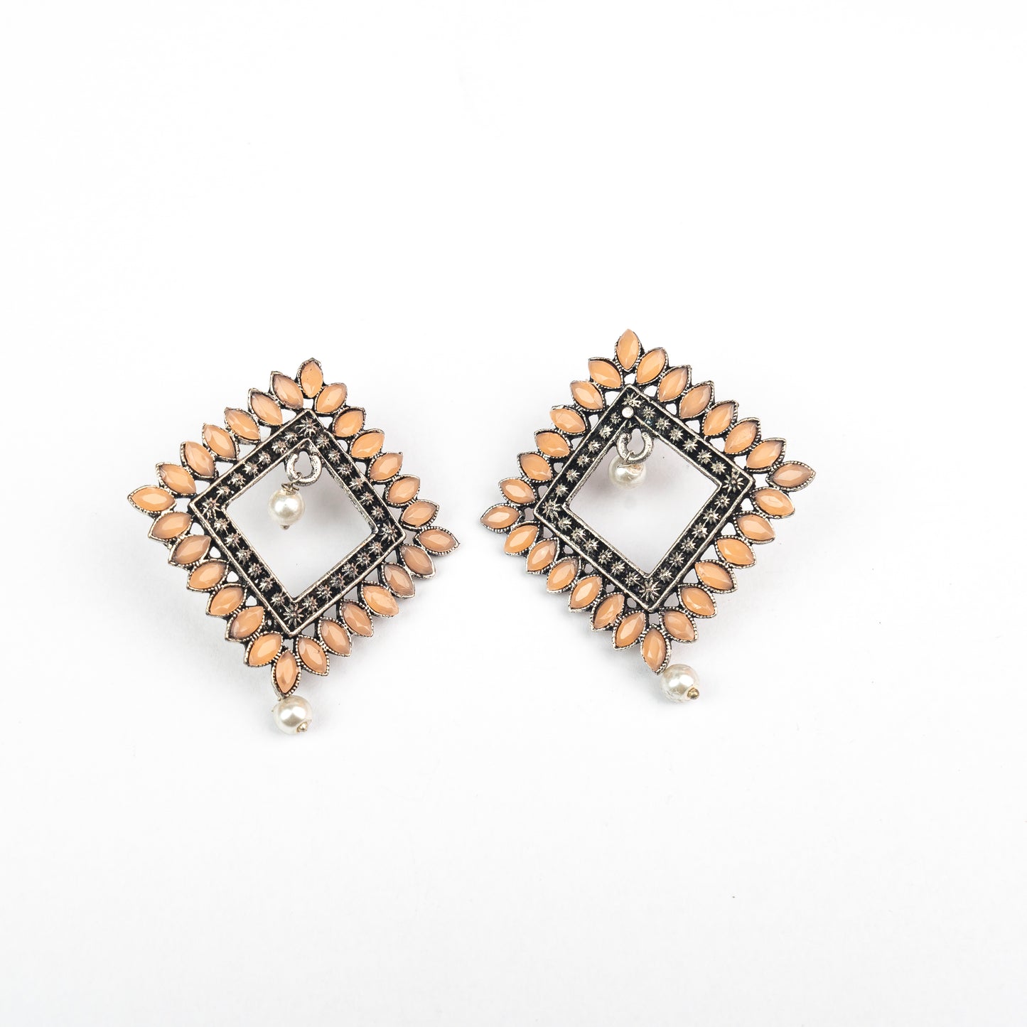 Light Orangish Stone Studded Square German Silver Earrings