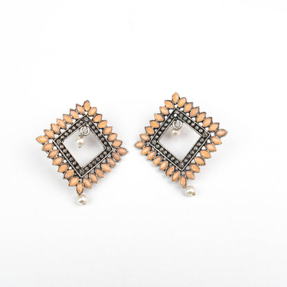 Light Orangish Stone Studded Square German Silver Earrings