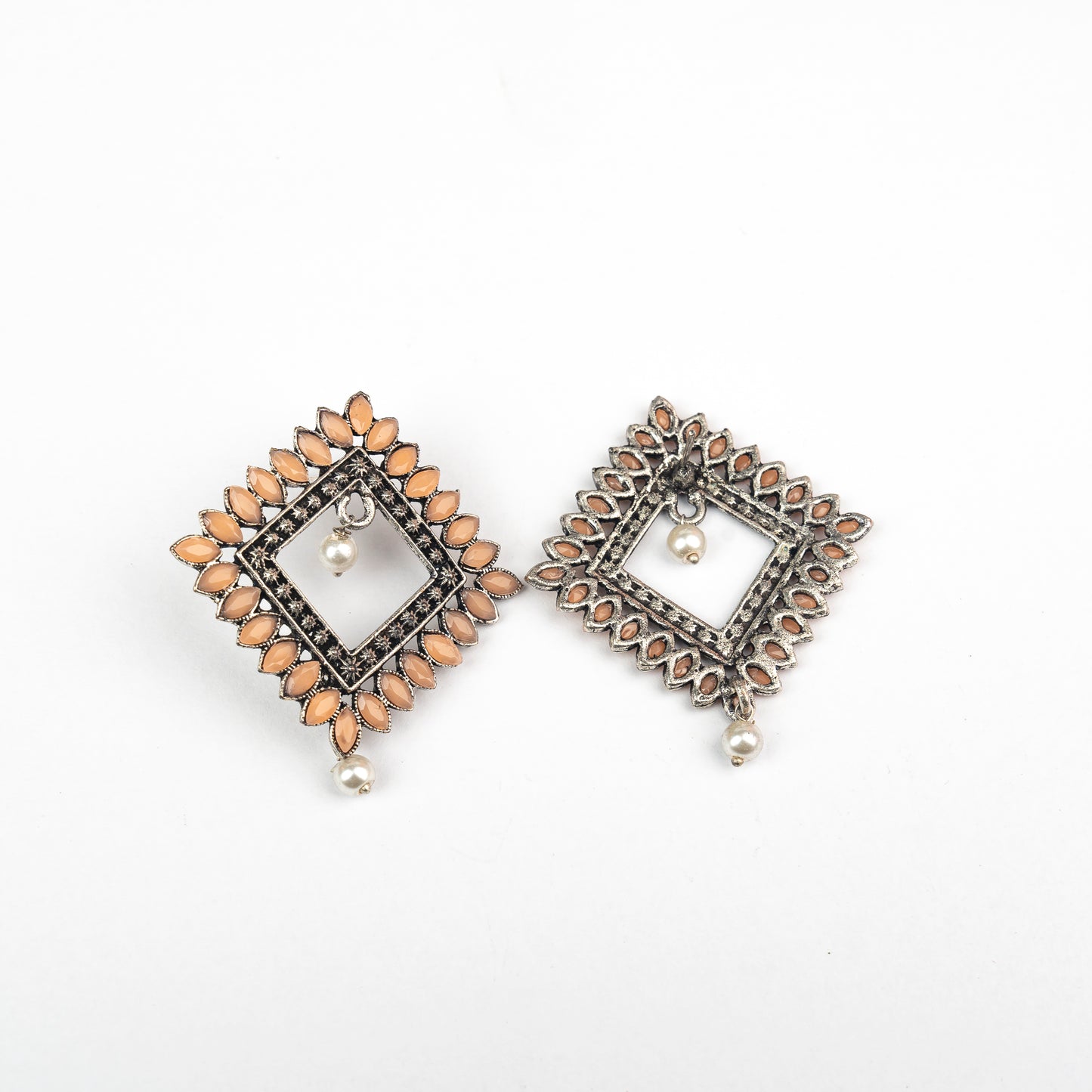 Light Orangish Stone Studded Square German Silver Earrings