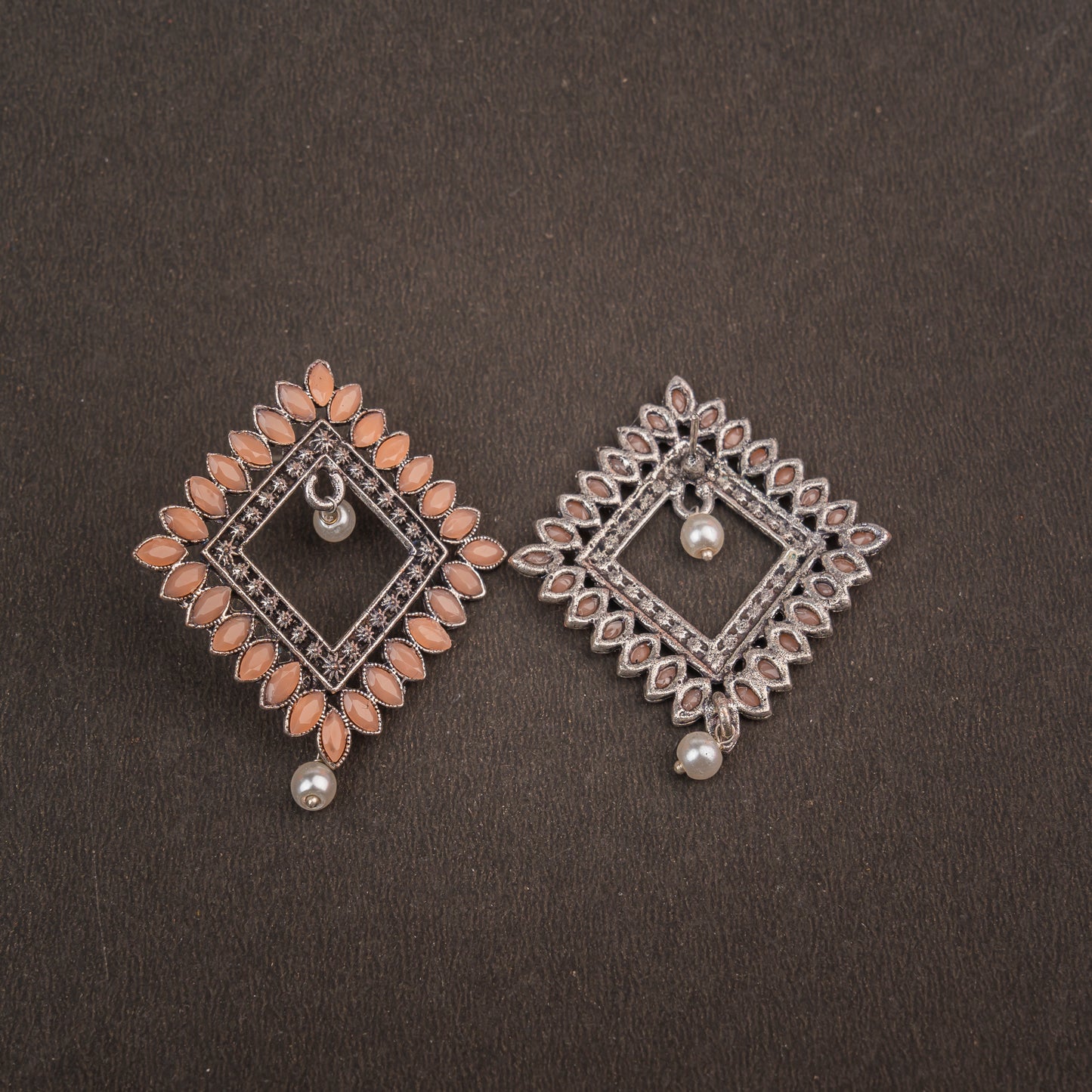 Light Orangish Stone Studded Square German Silver Earrings
