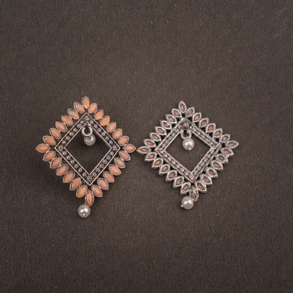 Light Orangish Stone Studded Square German Silver Earrings