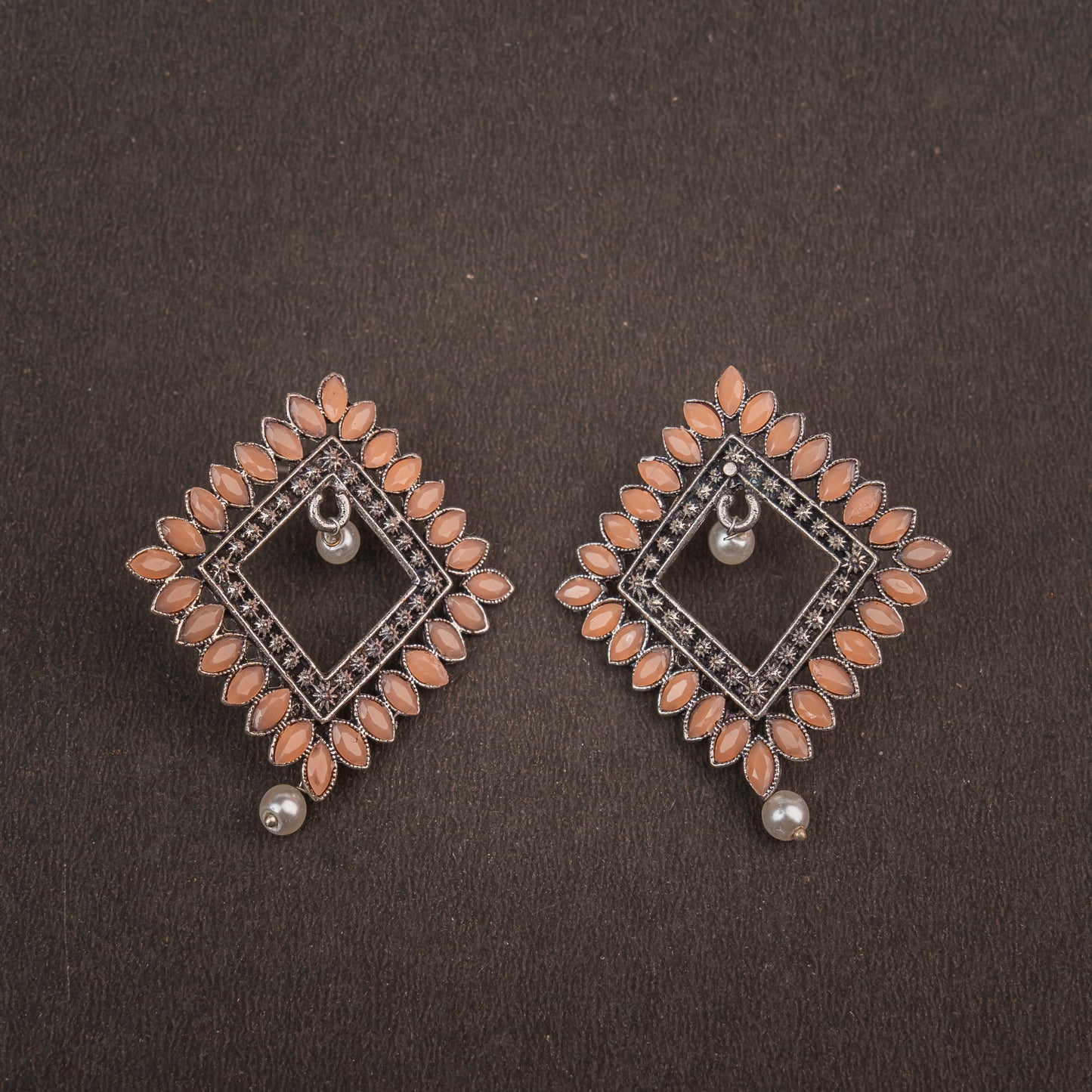 Light Orangish Stone Studded Square German Silver Earrings