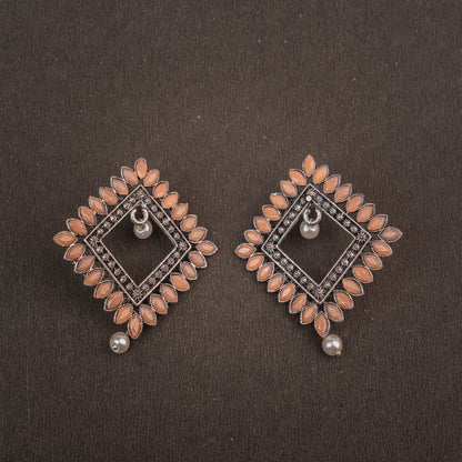 Light Orangish Stone Studded Square German Silver Earrings