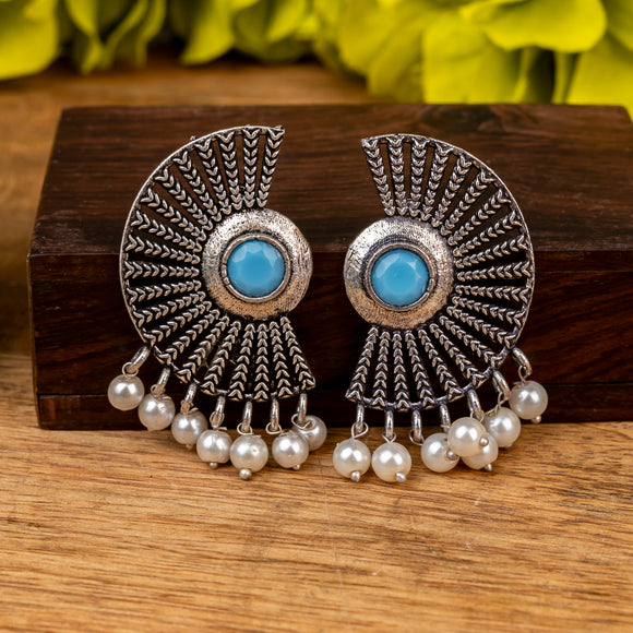 Sky Blue Stone Studded Oxidised Earrings With Hanging Pearls