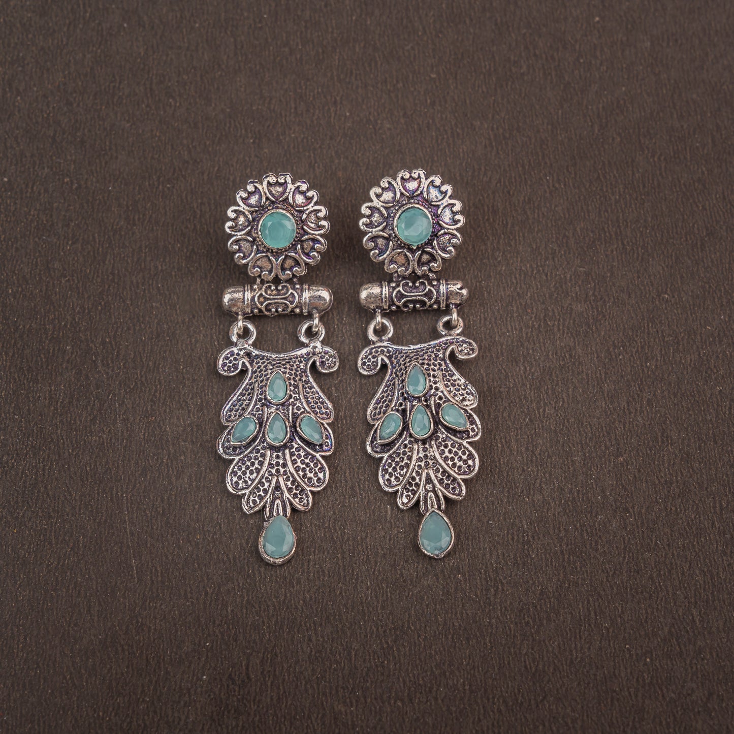 Mint Stone Studded Rajwada Style Oxidised Earrings