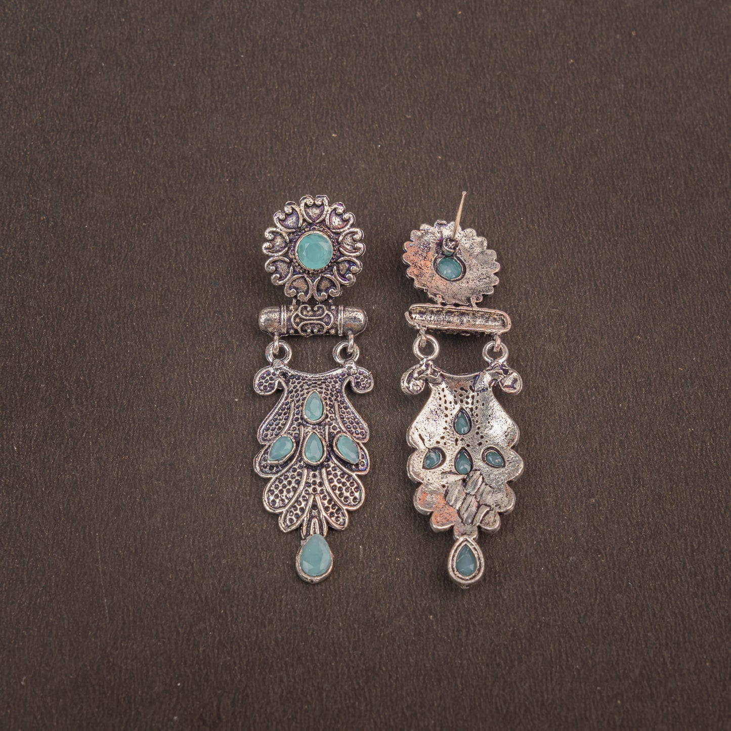 Mint Stone Studded Rajwada Style Oxidised Earrings