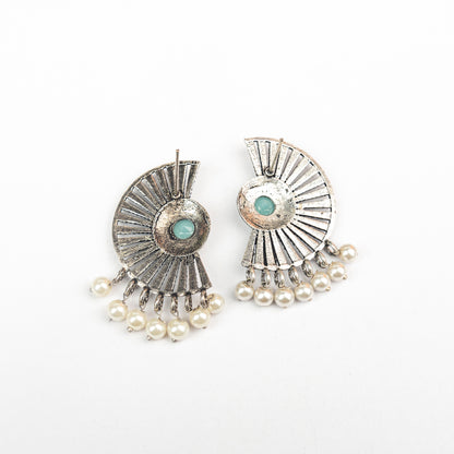 Mint Stone Studded Oxidised Earrings With Hanging Pearls