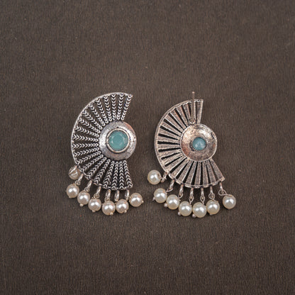 Mint Stone Studded Oxidised Earrings With Hanging Pearls