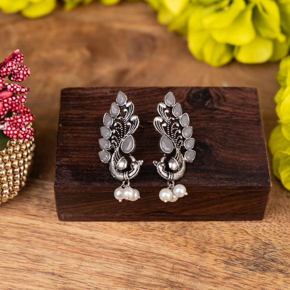 Grey Stone Studded Peacock Motif Stud Earrings With Hanging Pearls