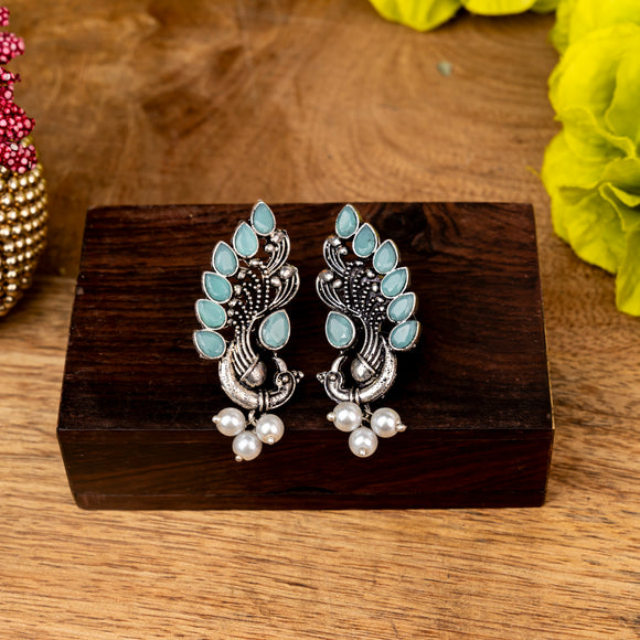Mint Stone Studded Peacock Motif Stud Earrings With Hanging Pearls