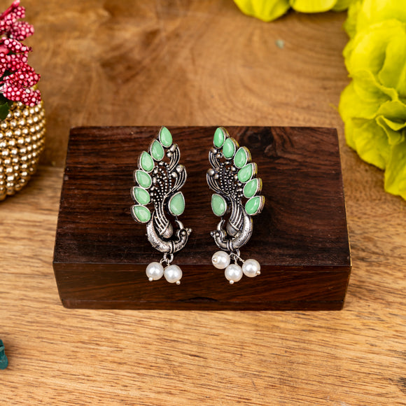 Pista Stone Studded Peacock Motif Stud Earrings With Hanging Pearls