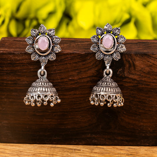 Baby Pink Stone Studded Oxidised Dangler Earrings