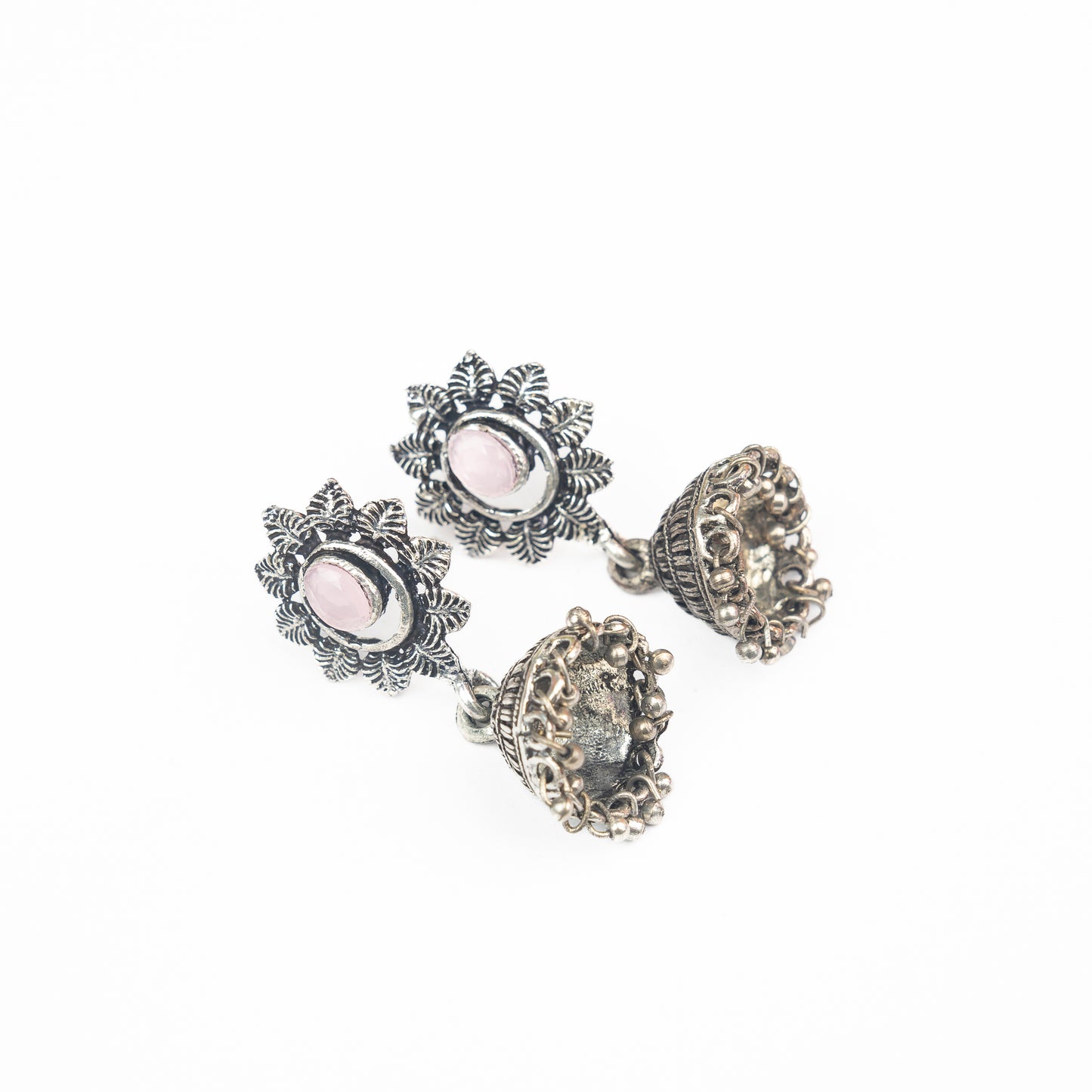 Baby Pink Stone Studded Oxidised Dangler Earrings