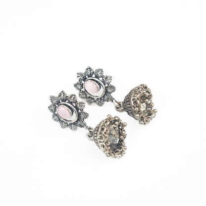 Baby Pink Stone Studded Oxidised Dangler Earrings
