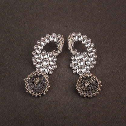 White Stone Studded Peacock German Silver Earrings