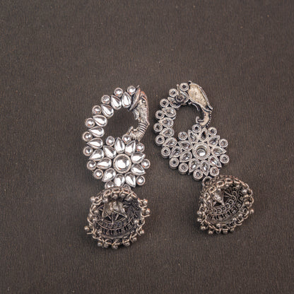 White Stone Studded Peacock German Silver Earrings