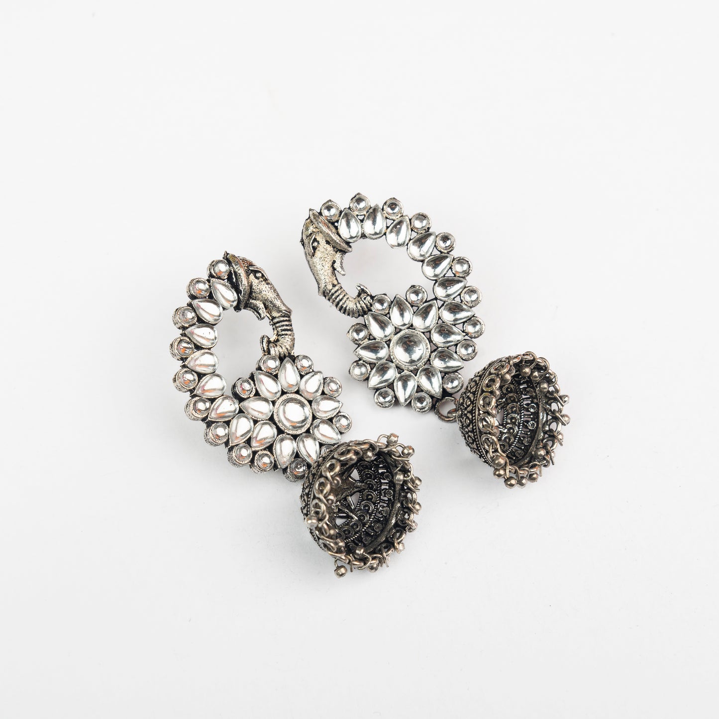 White Stone Studded Peacock German Silver Earrings