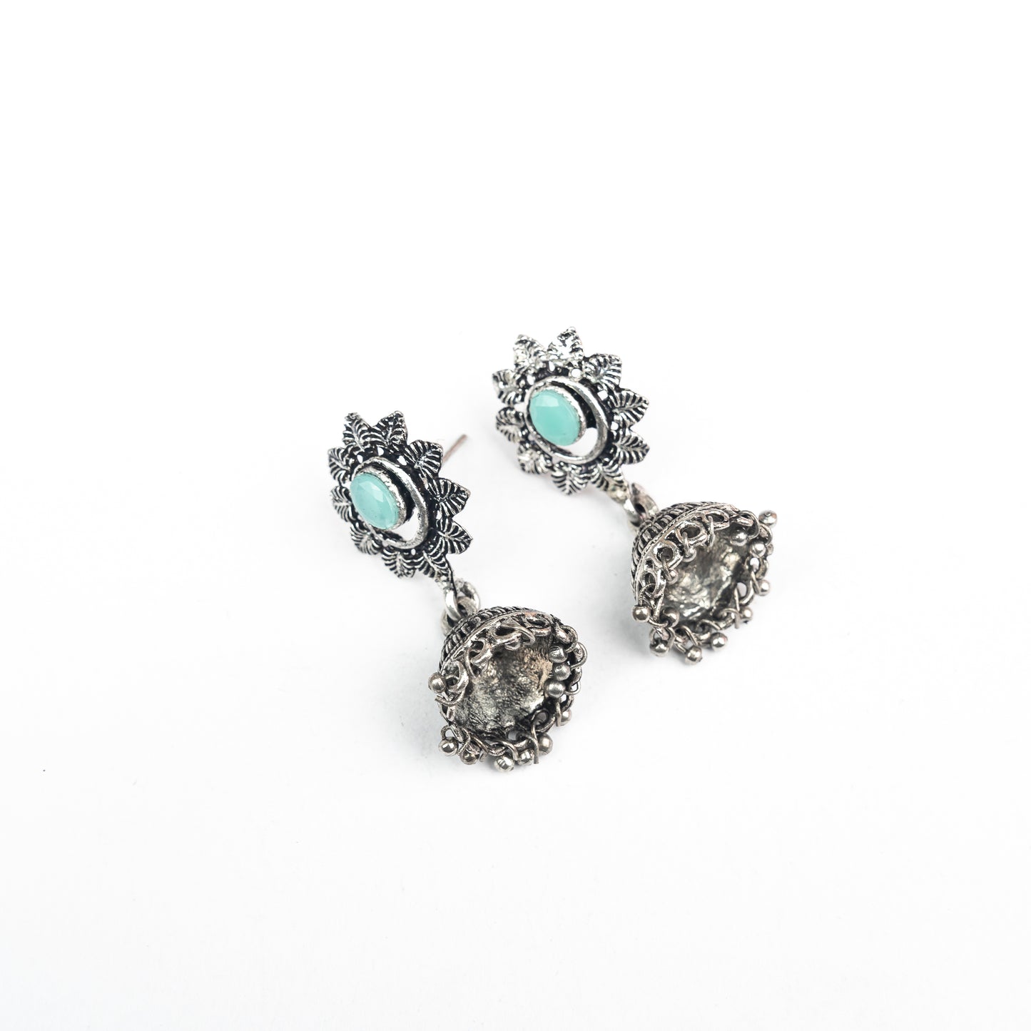 Mint Stone Studded Oxidised Dangler Earrings