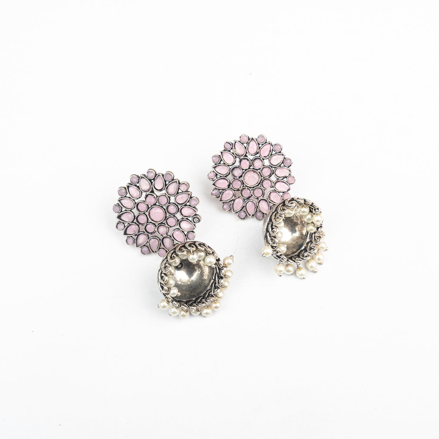 Baby Pink Stone Studded German Silver Statement Earrings With Brass Jhumki