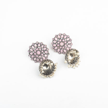 Baby Pink Stone Studded German Silver Statement Earrings With Brass Jhumki