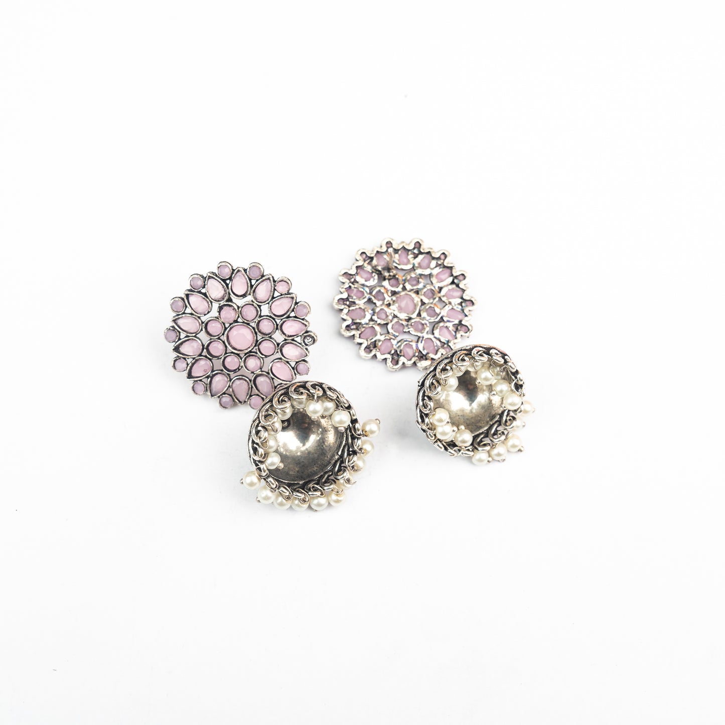 Baby Pink Stone Studded German Silver Statement Earrings With Brass Jhumki